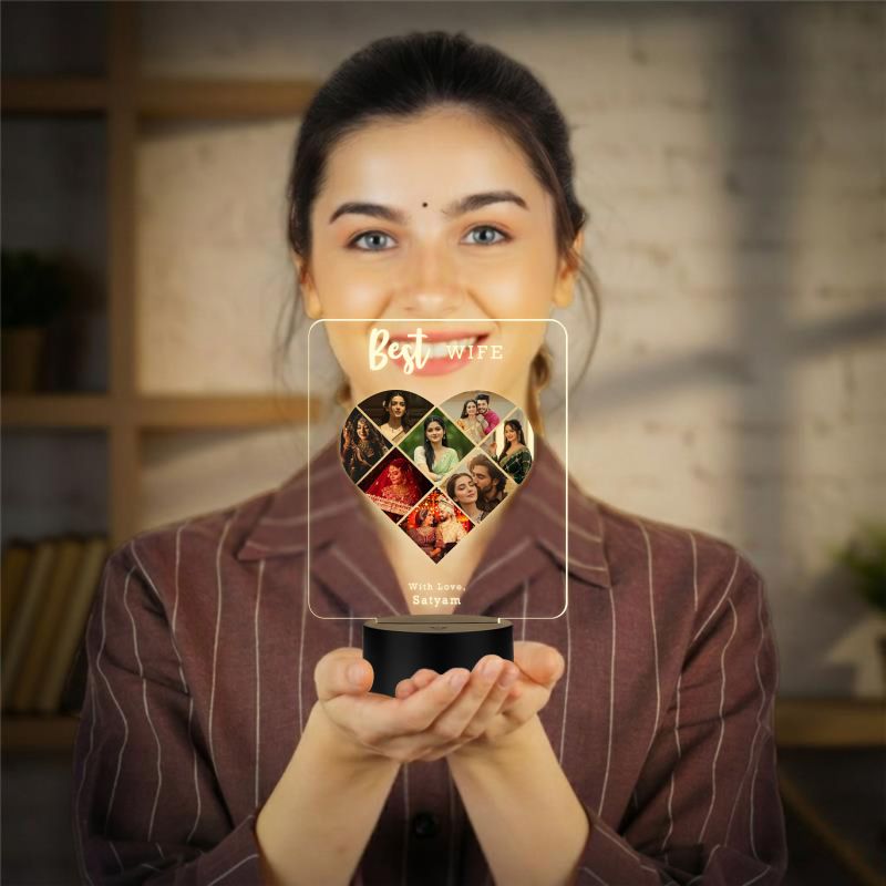 Personalized Collage Photo Frame Led Night Lamp With Warm White Light Gift For Anniversary, Birthday, Valentines Day Memorable Gift Lamp (Best Wife)